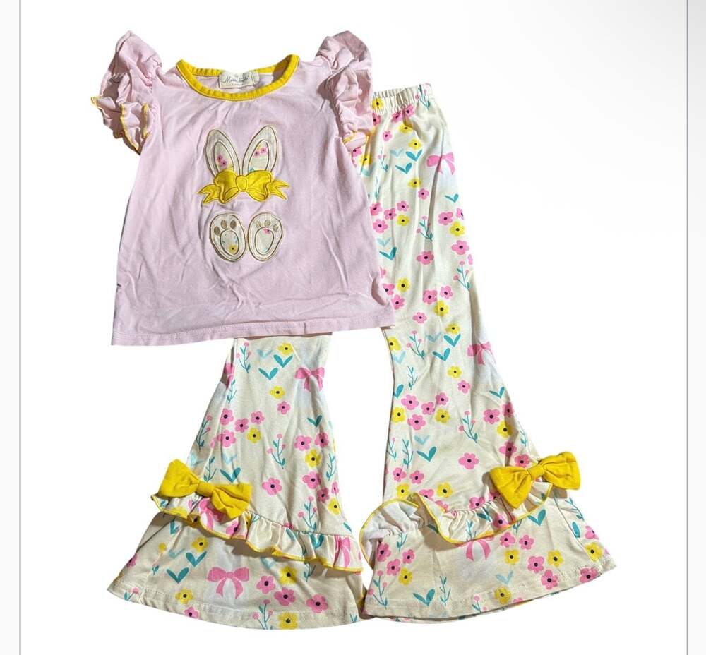 Marie Nicole Clothing Pink and Yellow Embroidered Floral Bunny Ruffle Top and Be